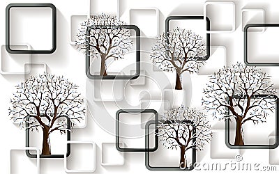 3d mural wallpaper with gray background and flower , squares , butterfly and tree modern simple background Stock Photo